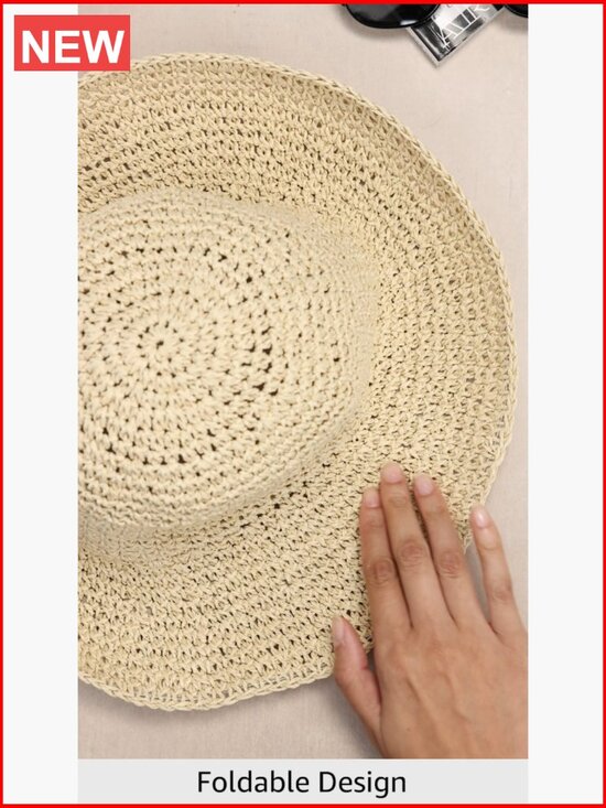 Crochet Straw Sun Hat with Wide Brim Foldable Floppy Beach Hat for Summer main image 6